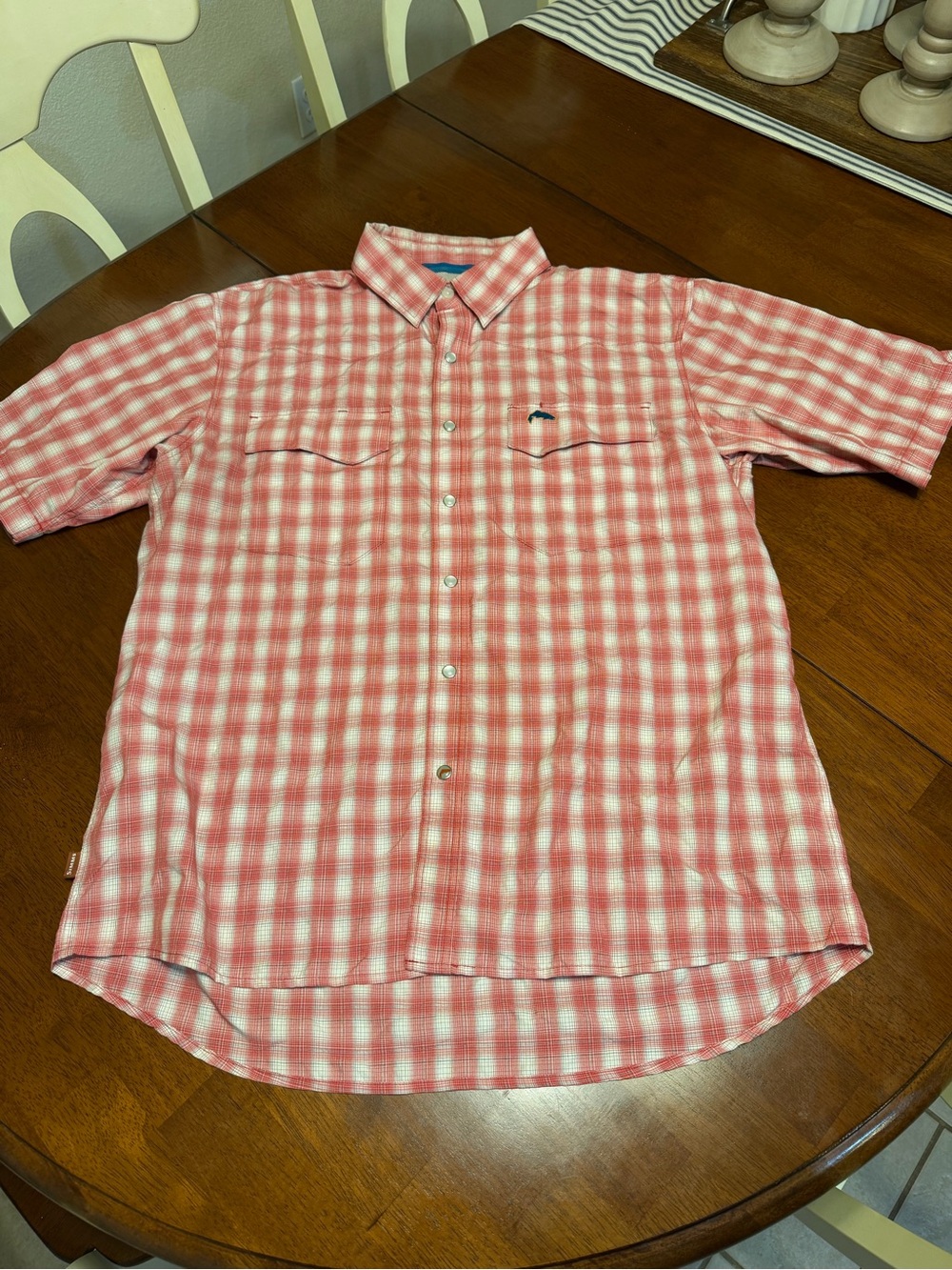 Simms Pearl Snap Plaid Check Vented Fishing Shirt Mens Medium Pink Logo Outdoor - Picture 2 of 11